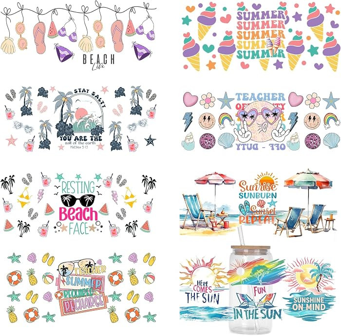 UV DTF Glass Stickers, 8 Summer Beach Theme Glass Transfer Craft Stickers, UV DTF Transfer Waterp... | Amazon (US)
