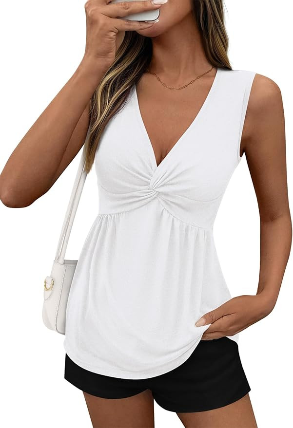 BTFBM Womens Tank Tops Loose Fit 2026 Spring Summer Babydoll Twist Front V Neck Sleeveless Flowy ... | Amazon (US)