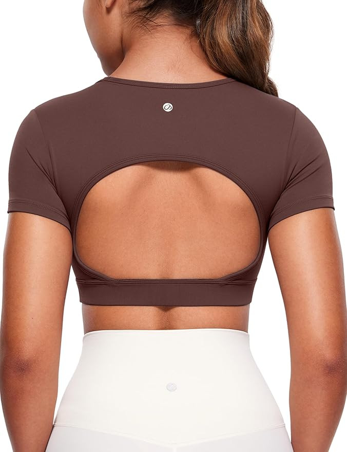 CRZ YOGA Womens Butterluxe Double Lined Open Back Crop Tops Backless Short Sleeve Workout Top Cas... | Amazon (US)