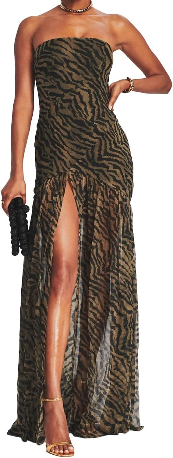 Women Tube Top Dress Tiger Stripe Mesh Patchwork Maxi Dress Strapless Sexy High Slit Long Dresses Beach Vacation | Amazon (US)
