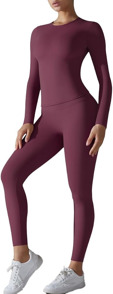 Workout Sets for Women 2 Piece Slim Fit Long Sleeve Top High Waist Butt Lift Leggings Exercise Gy... | Amazon (US)