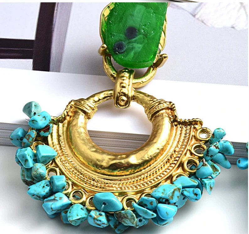 Vintage Look Blue Green Turquoise Gold Boho Statement Dangle Drop Earrings - Etsy | Etsy (US)