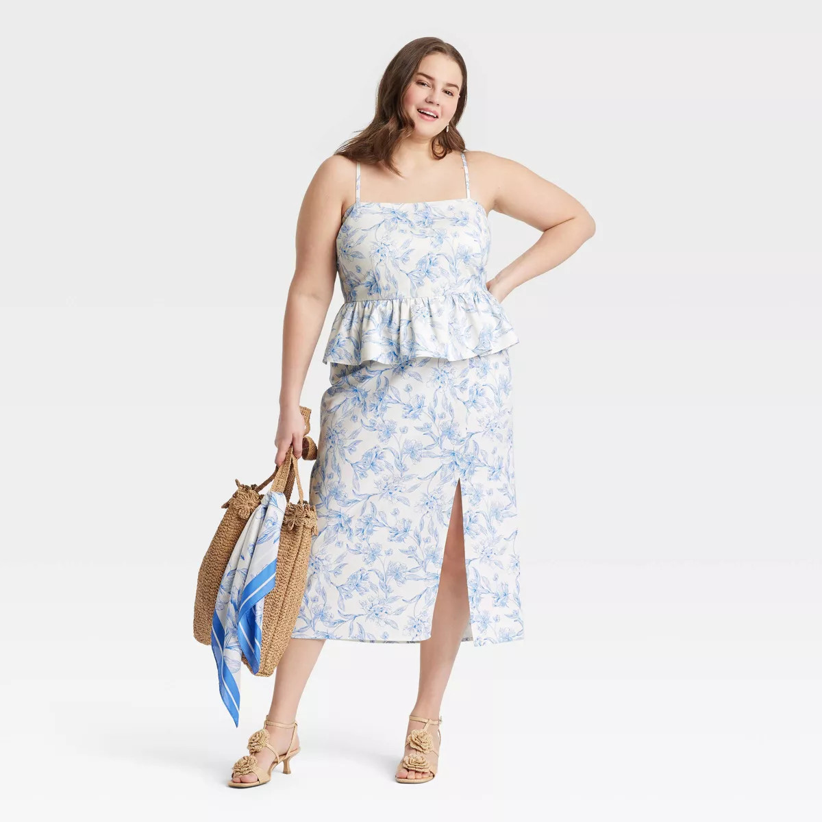 Women's Peplum Tank Top - A New Day™ Cream/Blue Floral S | Target