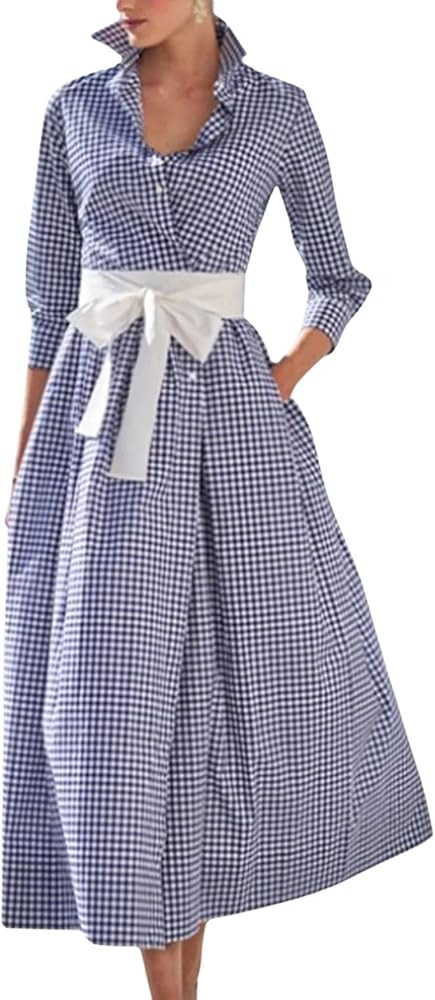 chouyatou Women's Retro Plaid Button Up Maxi Shirt Dress 3/4 Sleeve Gingham Pocketed Long Dress w... | Amazon (US)
