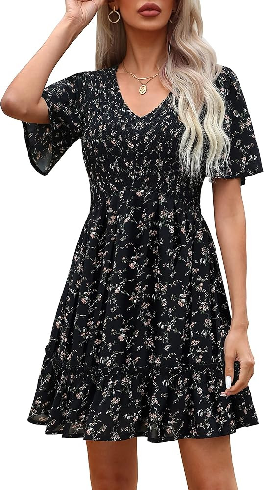 Ellakoko Womens Summer Dresses 2024 Floral Smocked Short Sleeve Empire Waist Cute Babydoll Swiss ... | Amazon (US)