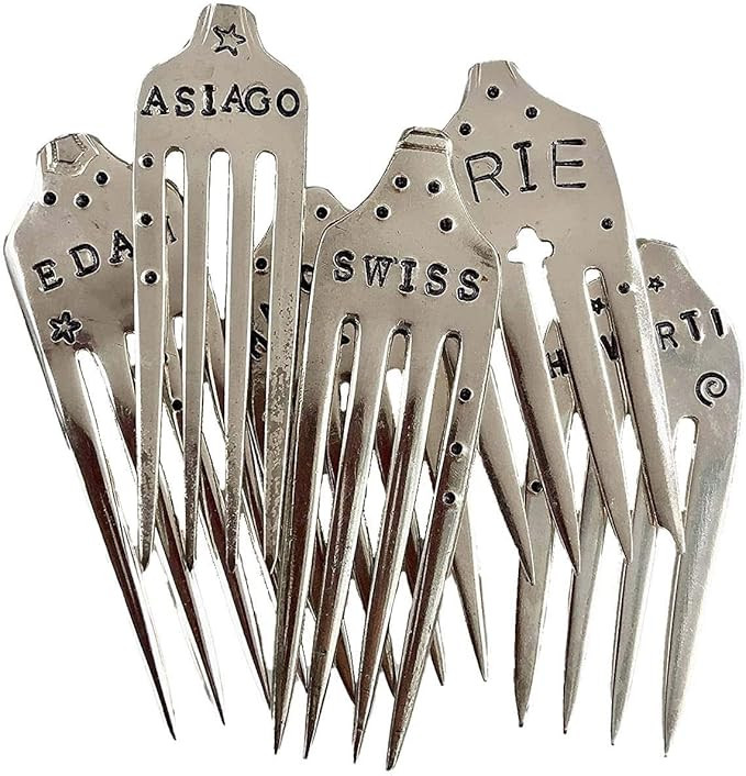 Cheese Markers Set of 6 Custom Personalized recycled Forks, Stamped Silver Plate, Hostess Gift wi... | Amazon (US)