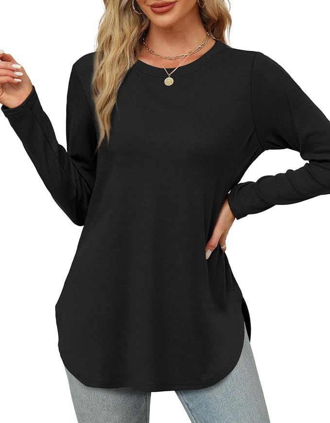 XIEERDUO Womens Long Sleeve Round Neck Shirts Side Split Basic Loose Tunic Tops Casual 2026 | Amazon (US)