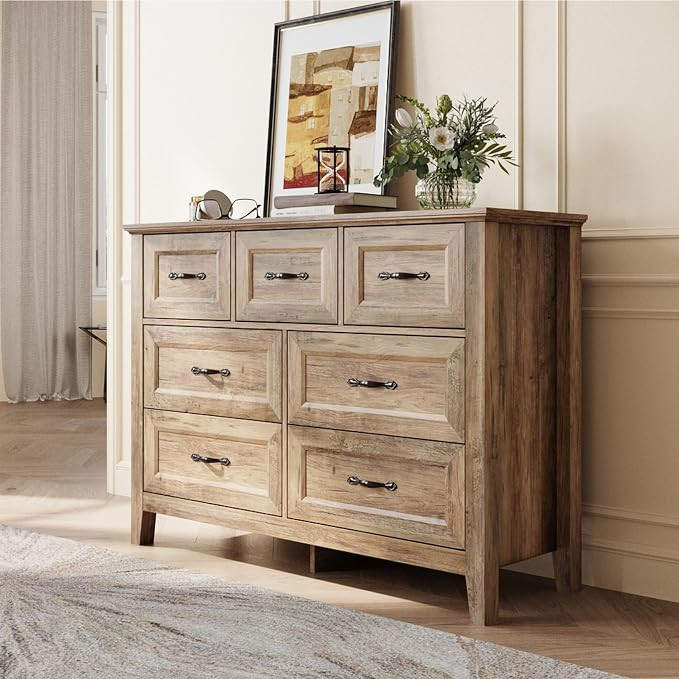 LINSY HOME 7 Drawers Dresser for Bedroom, Wood Bedroom Dresser Farmhouse Drawer Chest, Tall Dress... | Amazon (US)