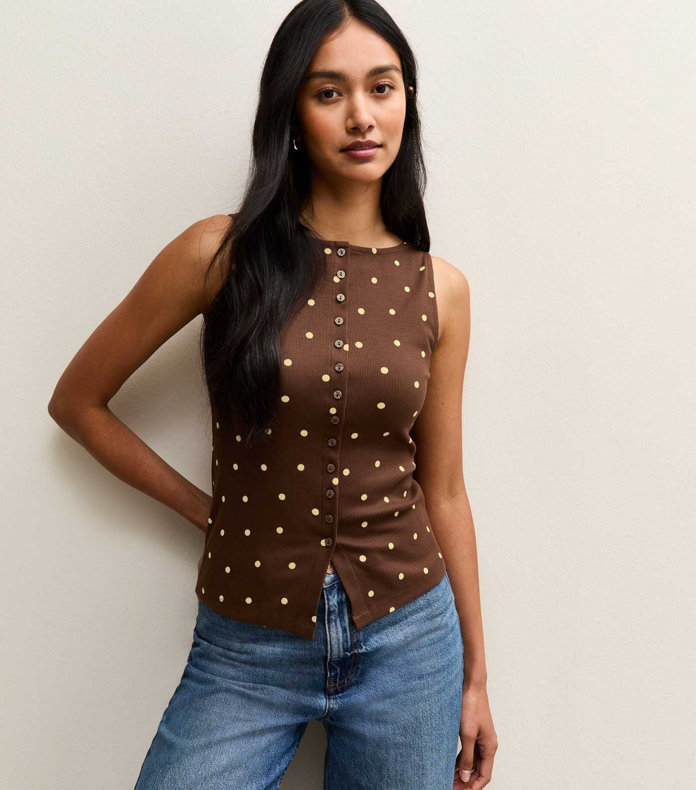 Brown Polka Dot Button Up Tank Top | New Look | New Look (UK)