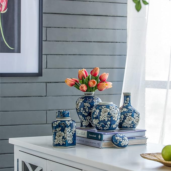 A&B Home Blue and White Ceramic Jar Set of 4 - Hand Painted Floral Pattern, Blue Vases with Lids,... | Amazon (US)