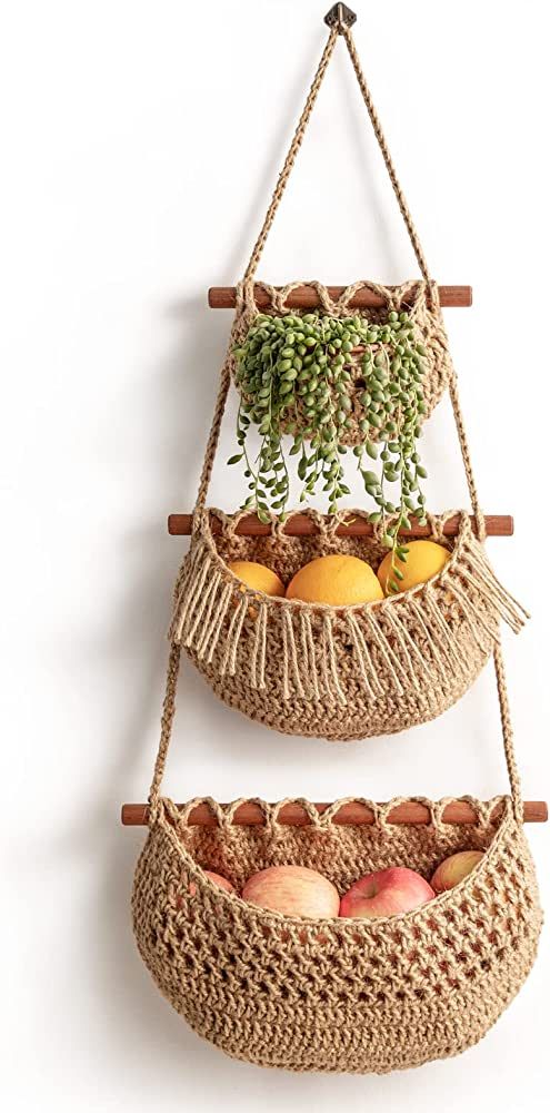 Hanging Fruit Basket,3 Tier Over the Door Organizer, Handmade Woven Jute Wall Hanging Baskets for... | Amazon (US)