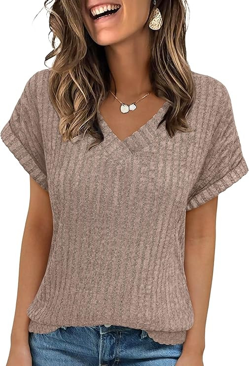 ANRABESS Women Tops Summer Sweaters Short Sleeve V Neck Shirts 2026 Spring Fashion Dressy Casual ... | Amazon (US)