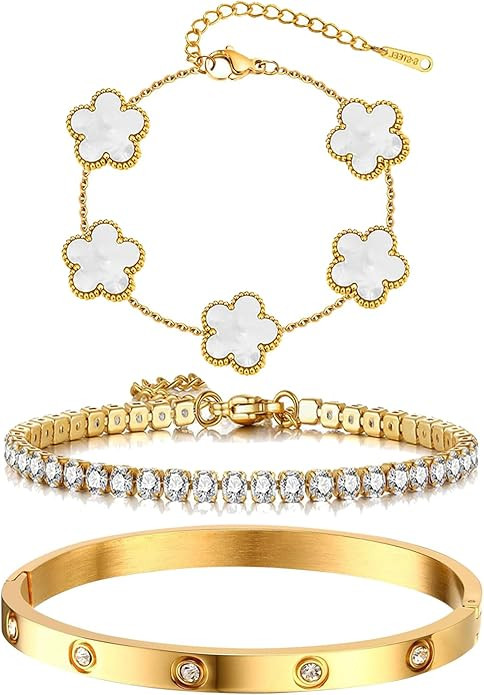 YOUNGGRACE 18K Gold Plated Bracelet Sets for Women - 3PCS Stackable Bracelets Including Bangle, T... | Amazon (US)