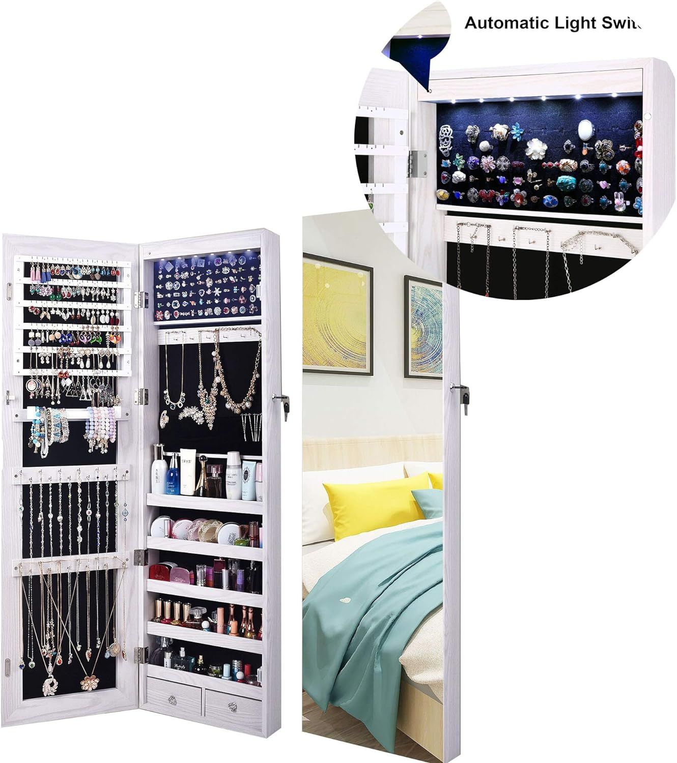 AOOU Jewelry Organizer Jewelry Cabinet, Full Screen Display View Larger Mirror, Lockable Wall Doo... | Amazon (US)