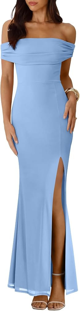 Caracilia Women\u2019s Off Shoulder Maxi Wedding Guest Dress Summer Bodycon High Split Mesh Forma... | Amazon (US)