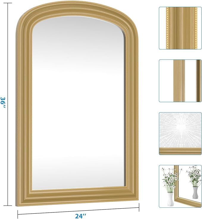 FUWU HOME Arch Bathroom Vanity Mirror for Wall Decorative, 24" x 36" Gold Vintage Mirror with Bea... | Amazon (US)