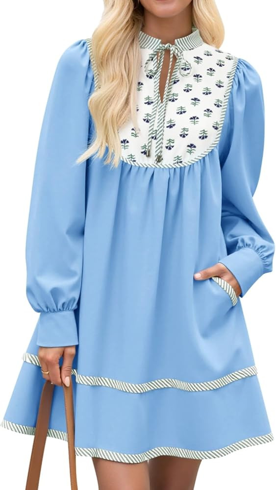 Wenrine Womens Casual Floral Mini Dress 2025 Fall Long Sleeve V Neck Patchwork Loose Boho Shirt D... | Amazon (US)