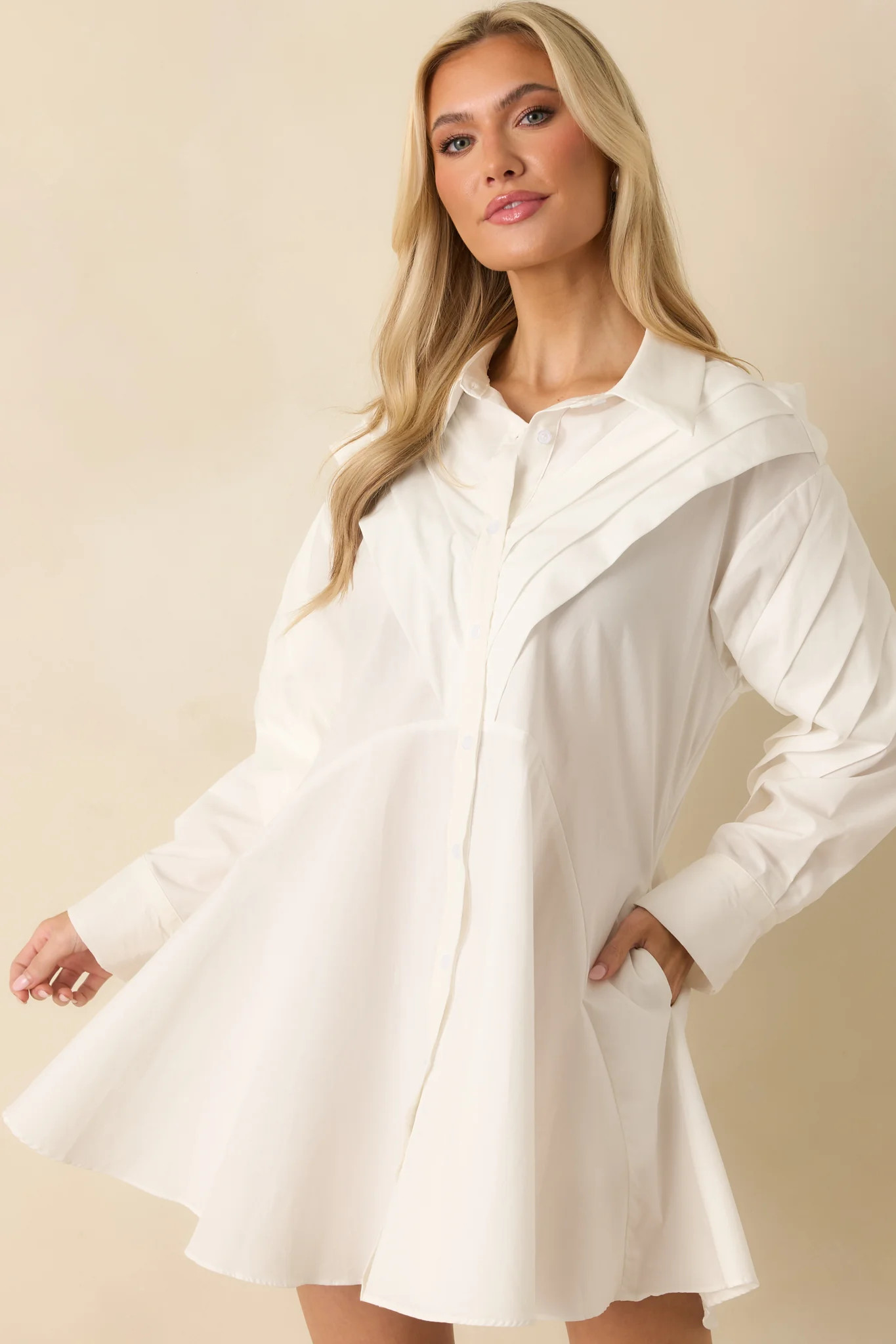 All The Angles White Cotton Pleated Detail Long Sleeve Button-Up Mini Dress | Red Dress