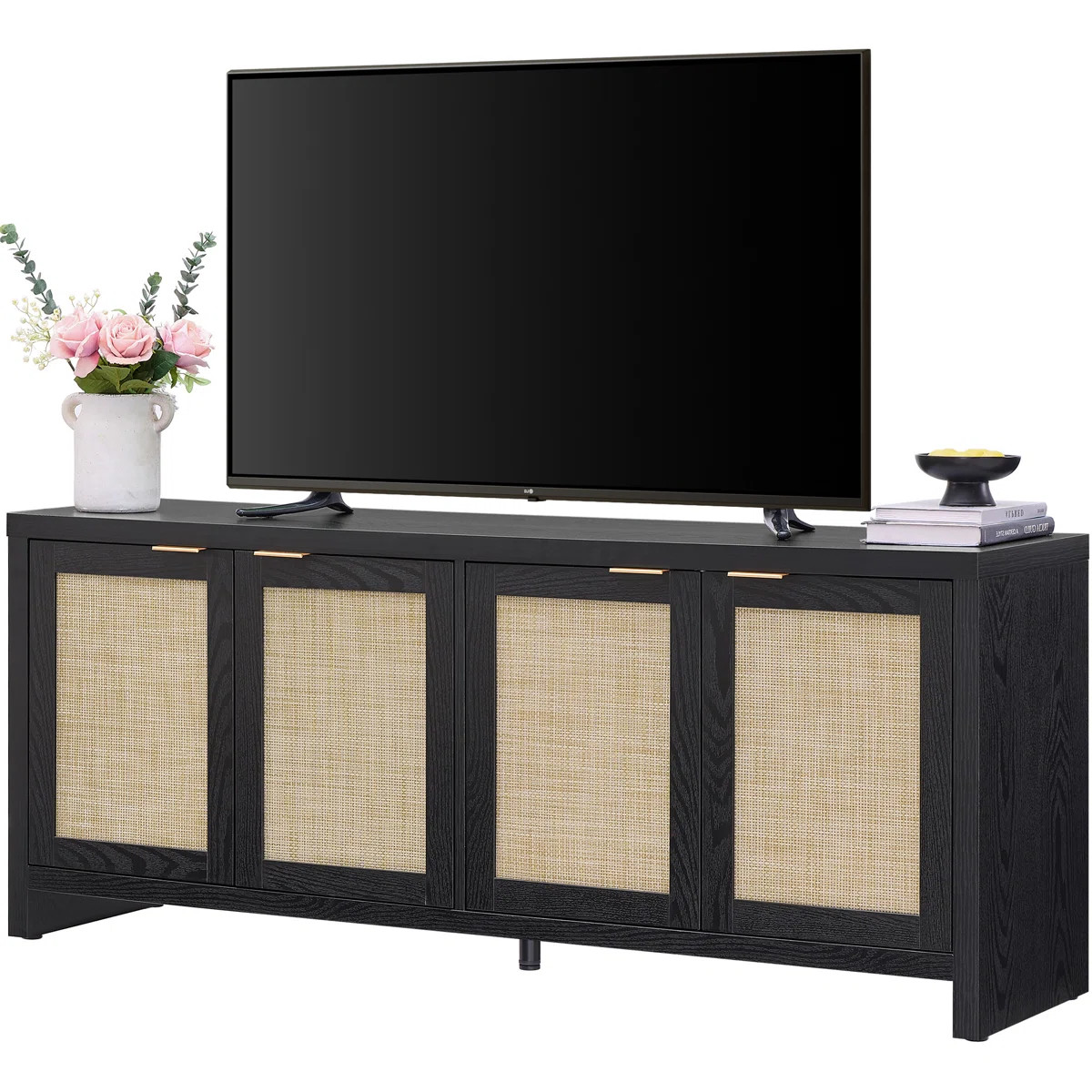 Boho TV Stand With 4 Rattan Storage Cabinets,  Farmhouse TV Entertainment Center For Tvs Up To 65... | Wayfair North America