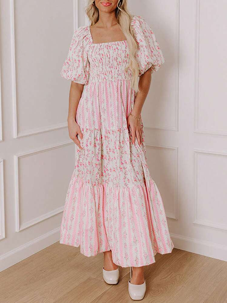 Women's Floral Print Patchwork Pleated Dress With Bubble Sleeves And Square Neck Casual Loose Dress | SHEIN