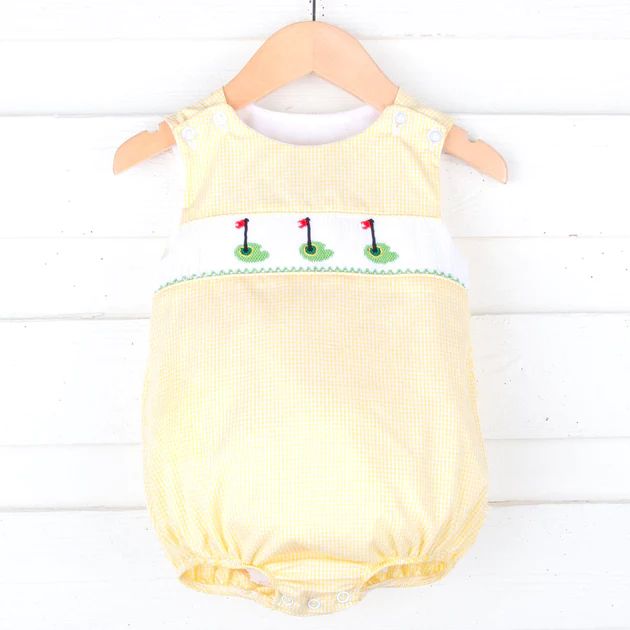 Golf Pin Yellow Gingham Smocked Sun Bubble | Classic Whimsy