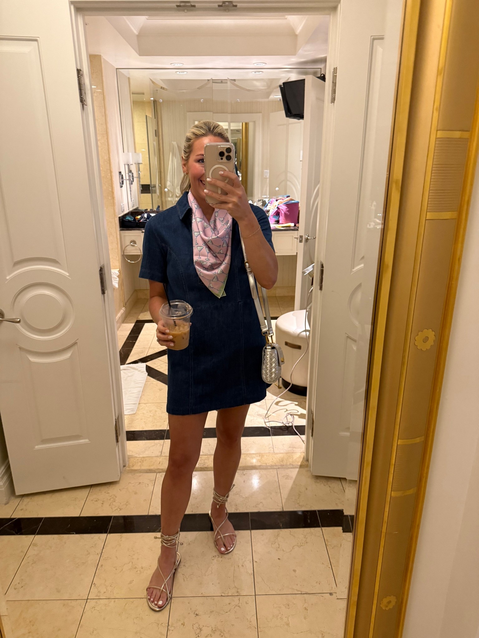 Denim Dress and sandals for walking around! Martini scarf is by Mimi miller! 

#LTKFindsUnder100 #LTKFindsUnder50 #LTKStyleTip