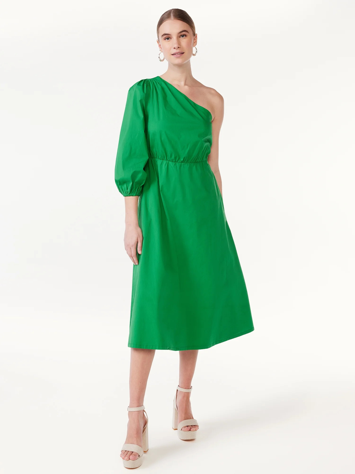 Scoop Women's One Shoulder Poplin Midi Dress, Sizes XS-XXL | Walmart (US)