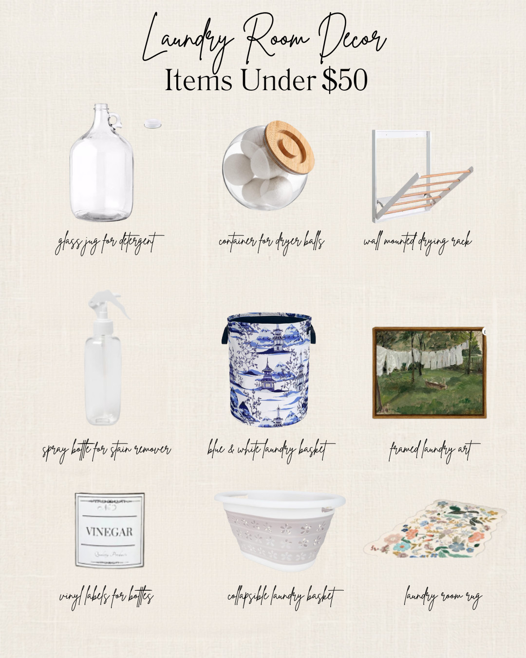 Who says the laundry room can't be beautiful? These affordable finds bring charm, function, and a touch of French country style to one of the hardest-working spaces in your home. From glass storage for detergents and wool dryer balls to blue-and-white accents, vintage-inspired art, and practical organization pieces, every item is under $50 and designed to make laundry day feel a little more elegant.

Save this post for your next laundry room refresh! 

#LaundryRoomDecor #FrenchCountryDecor #FrenchCountryStyle #LaundryRoomOrganization #HomeDecorFinds #AmazonHomeFinds #TraditionalHomeDecor #BlueAndWhiteDecor #LaundryRoomInspo #HomeOrganization #BudgetDecor #LTKHome #LTKStyle #DecorUnder50 #LaundryRoomRefresh 

 