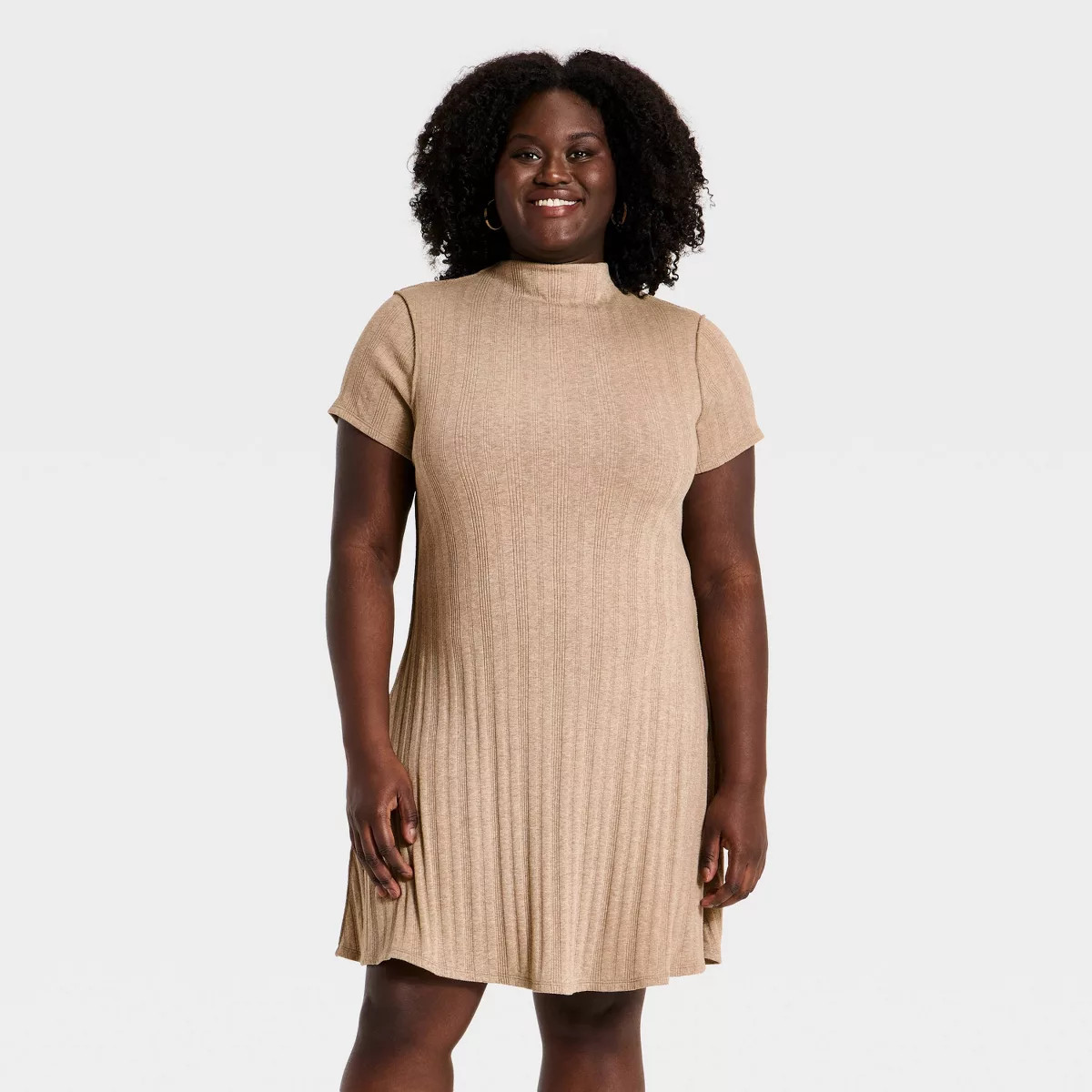 Women's Short Sleeve Mock Knit Mini A-Line Dress - Universal Thread\u2122 Beige XXL | Target
