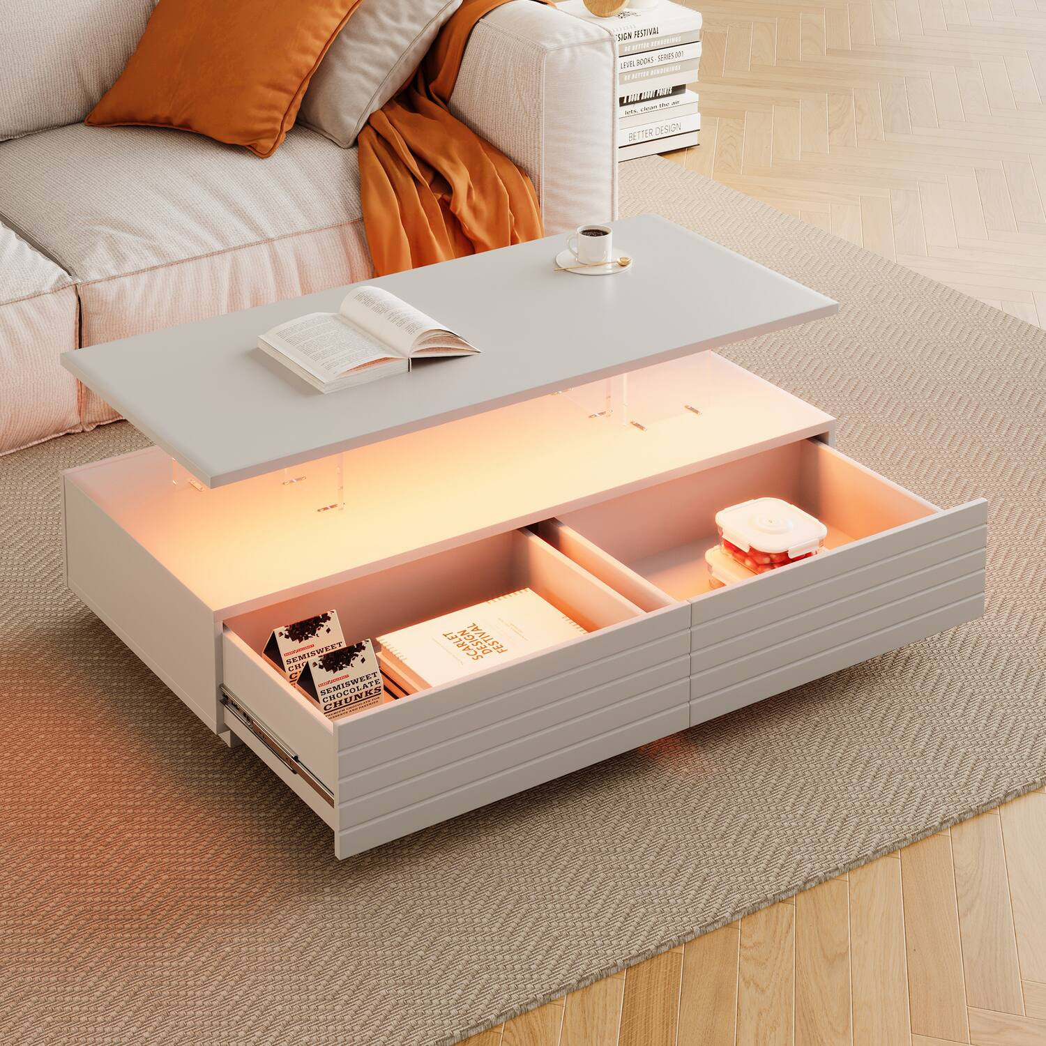 Tiramisubest - Modern Rectangular LED Lights Coffee Table with 2 drawers in 47.2"" - White | Best Buy U.S.