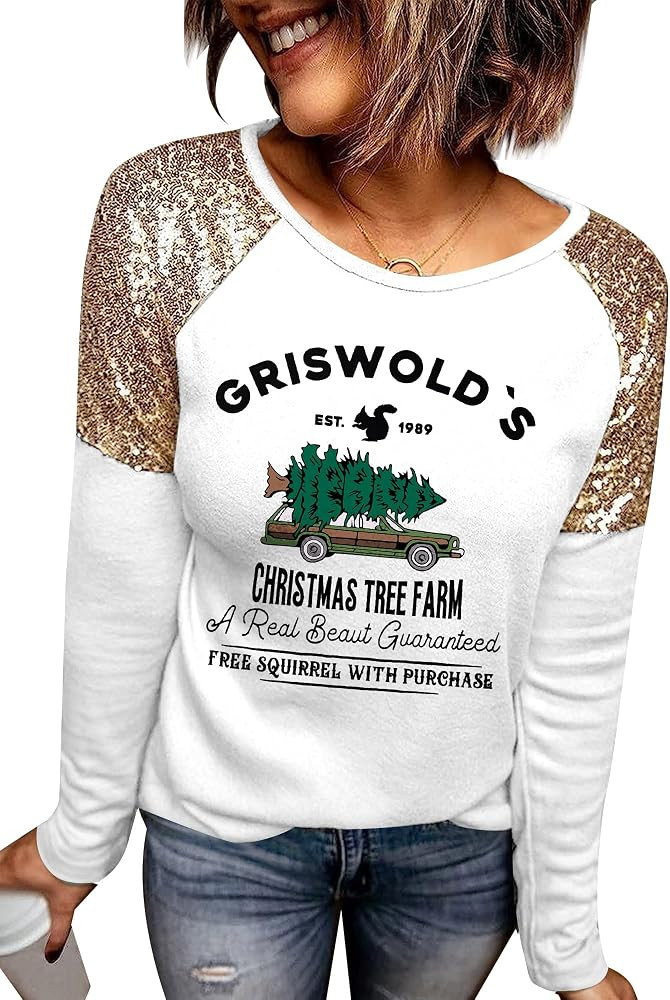 For G and PL Women's Christmas Long Sleeve Sequin Raglan Sparkle Sweatshirt | Amazon (US)