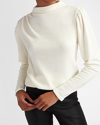 Supersoft Chenille Ruched Shoulder Mock Neck Tee White Women's XS | Express