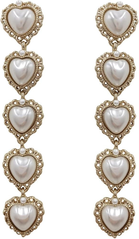 Chloe soo Pearls Earrings Heart Shape Bow Love Large Long Dangling Big Earrings Dangle Rhinestone... | Amazon (US)