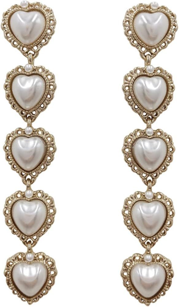 Chloe soo Pearls Earrings Heart Shape Bow Love Large Long Dangling Big Earrings Dangle Rhinestone... | Amazon (US)