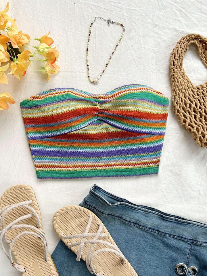 SHEIN WYWH WYWH Women's Knitted Rainbow Striped Chest Ruched Vacation Top | SHEIN