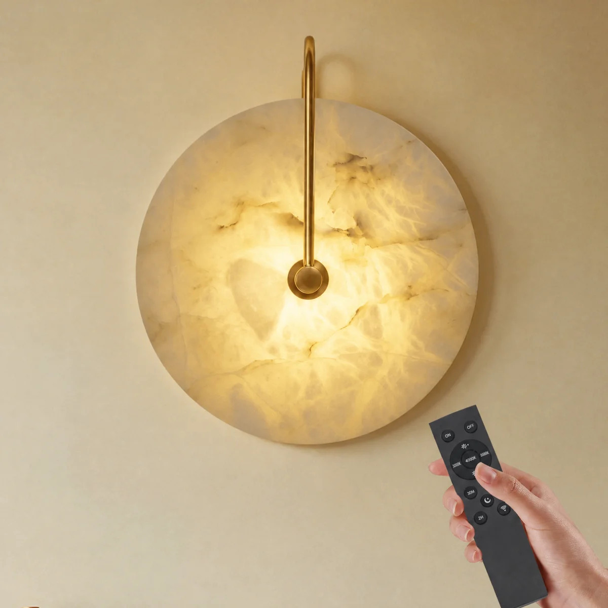 9.84in Round Modern Dimmable Led Alabaster Wall Sconce With Remote Control, Brass Accent | Wayfair North America