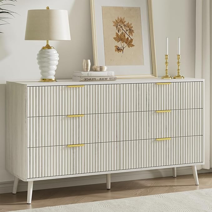 LYNSOM 55" Wide Fluted Dresser for Bedroom with 6 Drawer, Modern Chest of Drawers with Curved Pro... | Amazon (US)