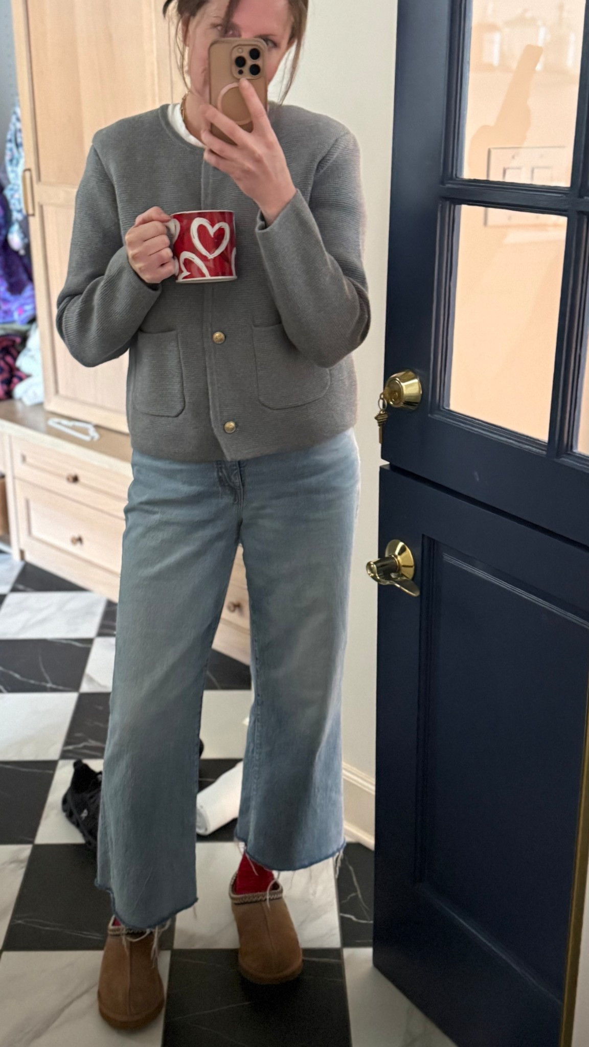 Cozy weekend outfit. Structured cardigan with shoulders. Gray button down with gold buttons. Red socks and uggs  

#LTKMidsize #LTKOver40 #LTKmomlife