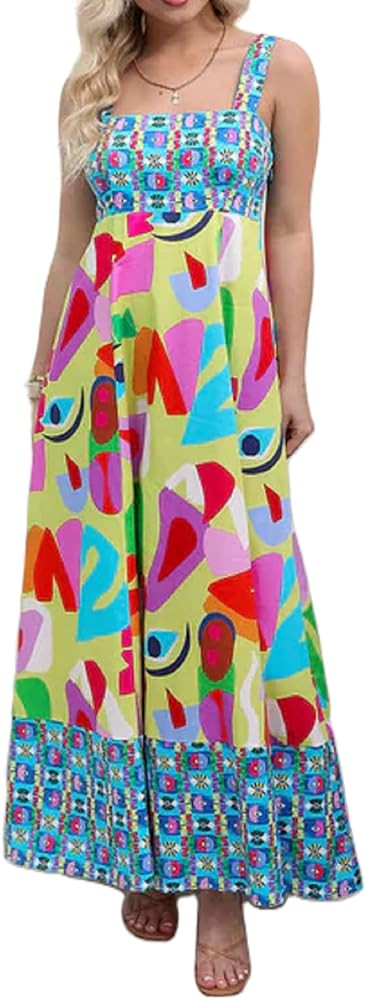 Women Graffiti Print Maxi Cami Dress Boho Colorful Spaghetti Strap Dress Summer Flowy Aline Sundr... | Amazon (US)