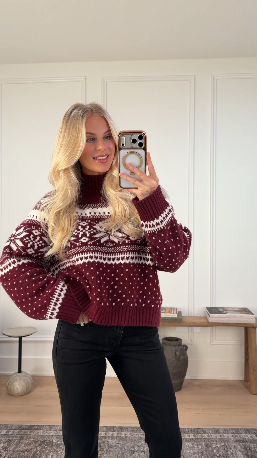 Stack code AFKATHLEEN for an extra 15% off their current sale! Wearing a large in sweater, 27 reg in jeans (sized up for pregnancy), shoes are true to size. 
#kathleenpost

Holiday outfit, festive outfit, casual holiday party, holiday sweater, Christmas sweater, fair isle, apres ski