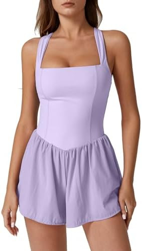 QINSEN Women's Square Neck Sleeveless Romper Jumpsuit Casual Summer One Piece Outfit with Pocket | Amazon (US)