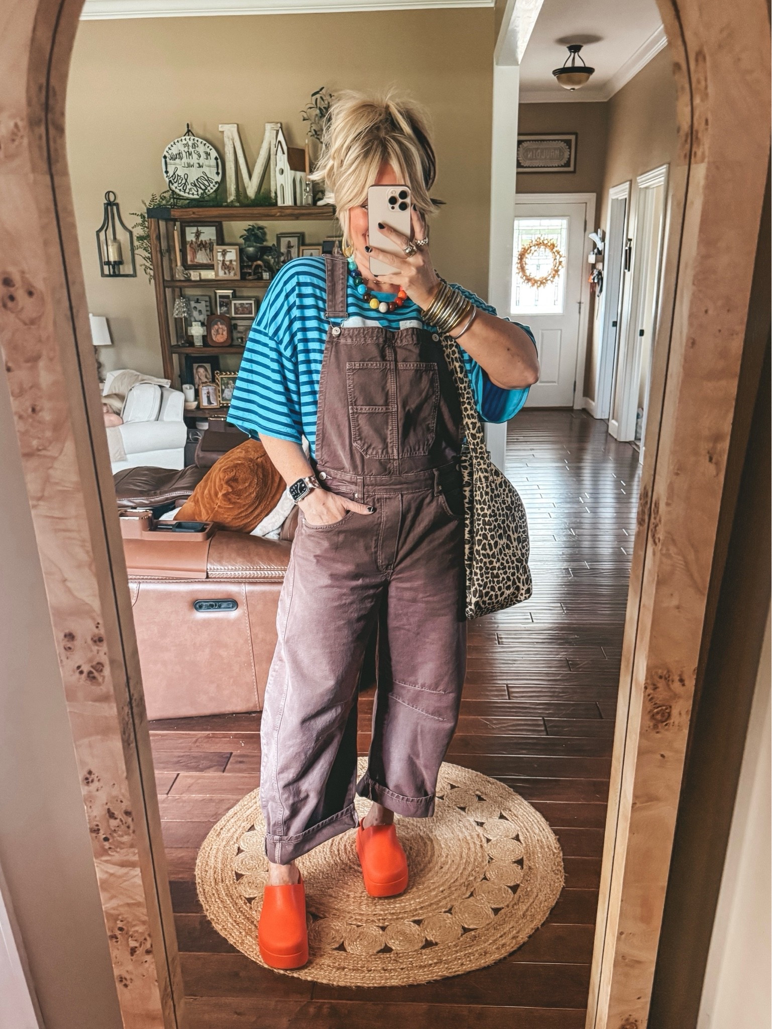 Love these in brown too! Perfect for fall and they just restocked them. They always sale out so fast! These are worth the money to me because I love to wear overalls and these are my favs! 
I’m in a medium in them. My tee is a one size and oversized.

#LTKootd #LTKOver40