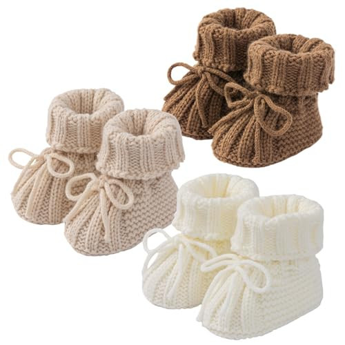 Czinynr Baby Booties Newborn Soft Knit Sock Shoes for Infant Girl Boy First Walking 3 Pack(White/Brown/Beige,0-6 Months) | Amazon (US)