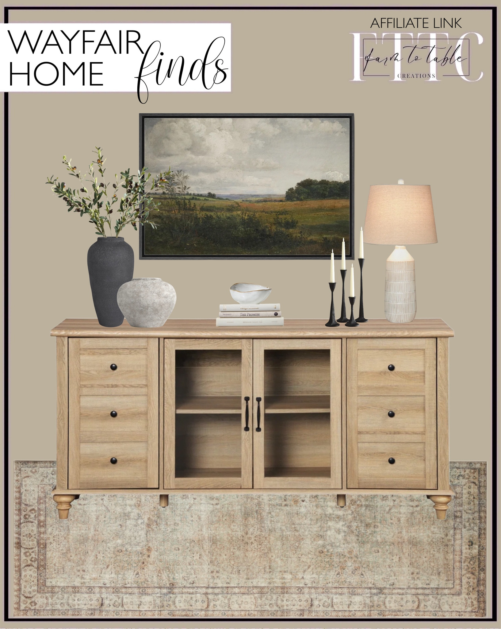 Wayfair Home Finds. Follow @farmtotablecreations on Instagram for more inspiration.

Wood Sideboard. Loloi Antique Sage Area Rug. Loloi Runner. Tall Black Ceramic Vase. Round Ceramic Table Vase. Vintage Rural Countryside Landscape Rustic Pictures Artwork Framed Canvas Print Wall Art. Ceramic Table Lamps. Iron Top Candlesticks. Neutral Colored Decorative Books. Faux Olive Branch. Ceramic Decorative Bowl. 

Wayfair Home. Wayfair Home Finds. Living Room Furniture. Living Room Decor. Budget Friendly Decor. Sideboard Styling. Sideboard Decor. 

#LTKSaleAlert #LTKHome #LTKFindsUnder50
