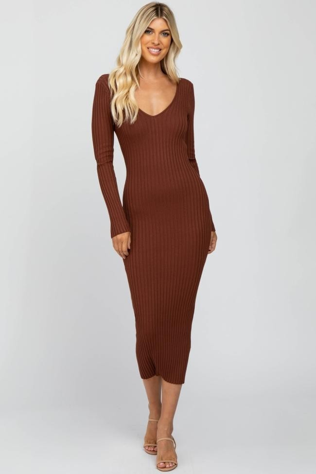 Mocha V-Neck Long Sleeve Fitted Maxi Dress | PinkBlush Maternity