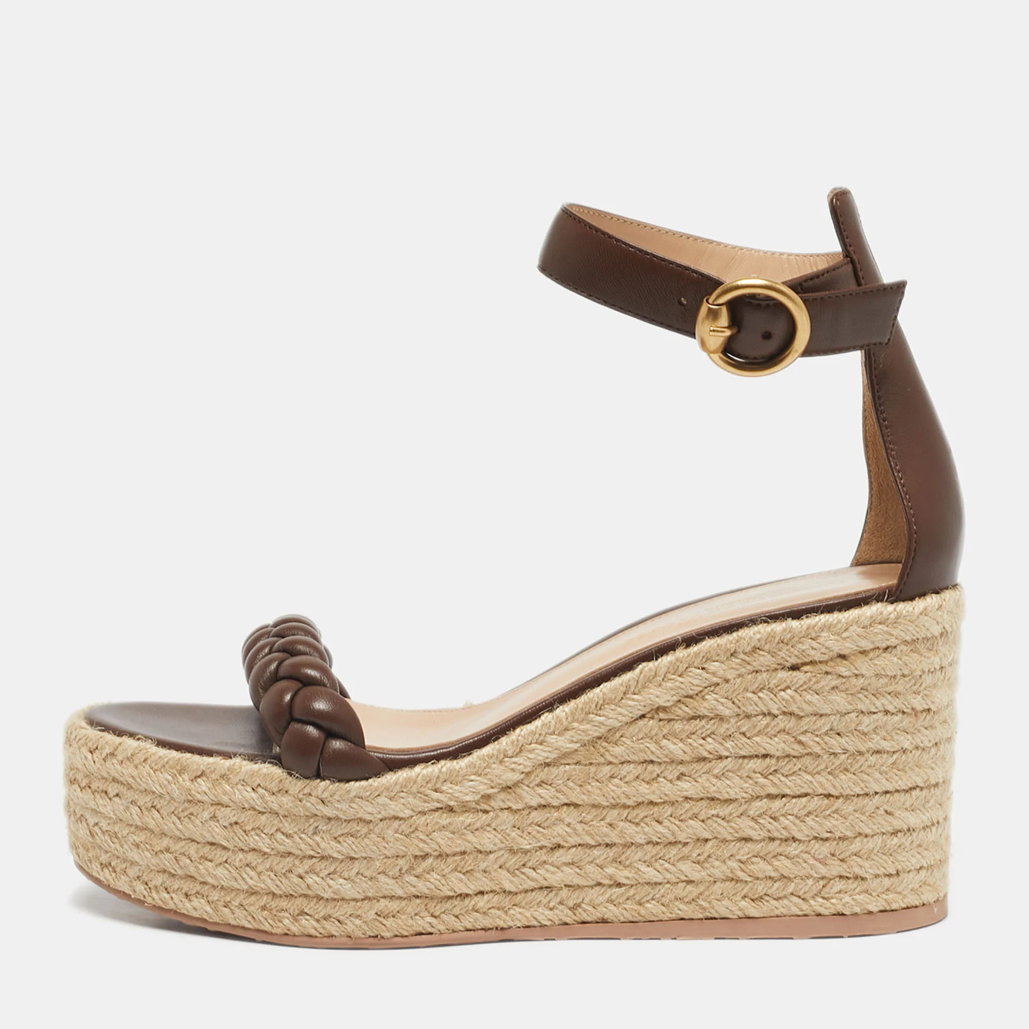 Gianvito Rossi Brown Braided Leather Merida Espadrille Wedge Sandals | Shop Simon
