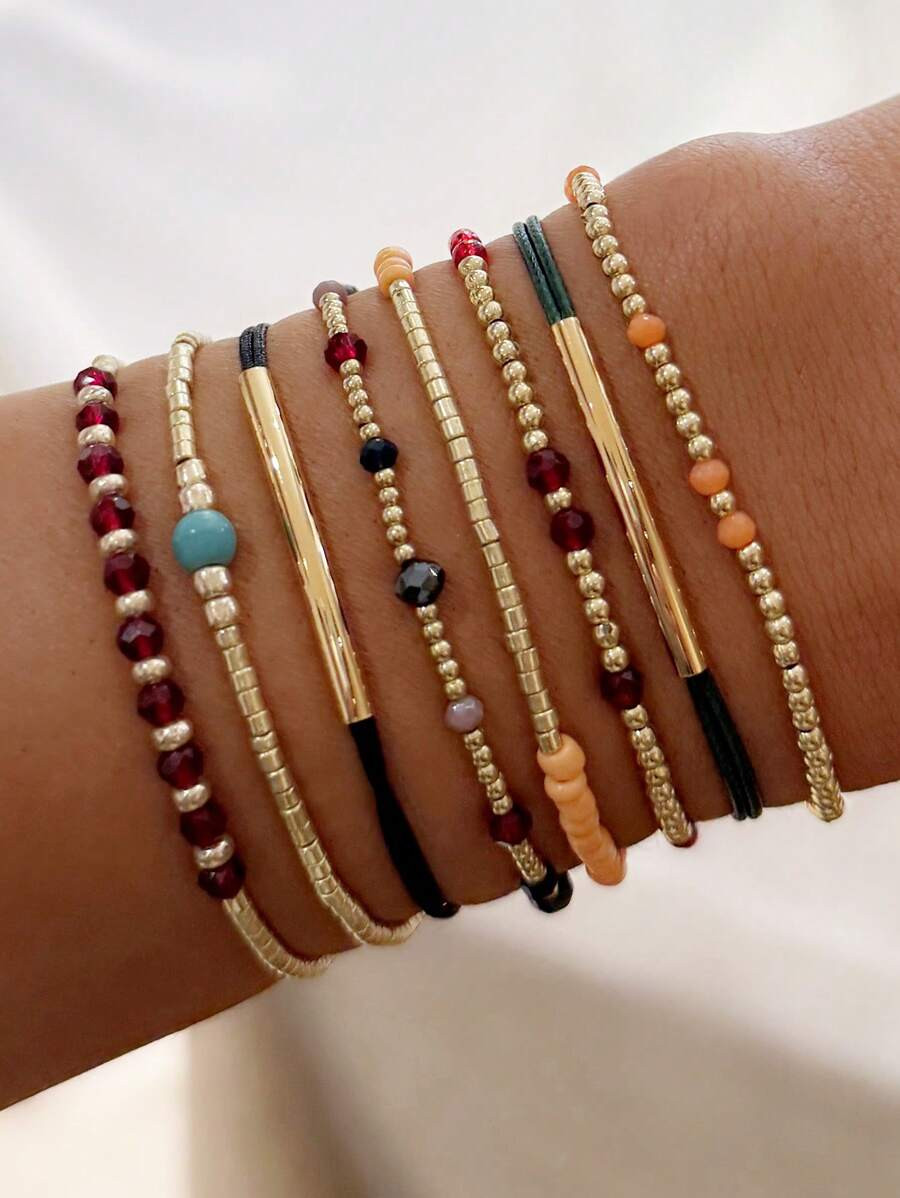 8pcs/Set Handmade Mixed Color Beaded Multilayer Elastic Bracelet Set, Women Jewelry Accessories F... | SHEIN