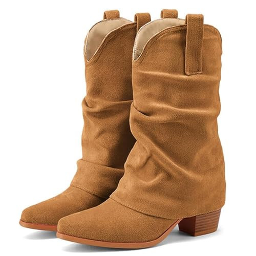 Alsoloveu Fold Over Boots for Women Mid Calf Slouchy Boots Pointed Toe Chunky Heel Western Brown Suede Cowboy Boots Pull On Stacked Cowgirl Booties Size 10 US, Tan | Amazon (US)