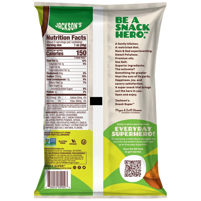 (3 pack) Jackson's Sweet Potato Spicy Jalapeno Chips, Avocado Oil, Free of Top 9 Allergens, Vegan... | Walmart (US)