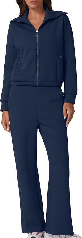 QINSEN Women's Cotton 2 Piece Outfits Lapel Long Sleeve Zip Up Sweatshirt Wide Leg Pants Matching... | Amazon (US)
